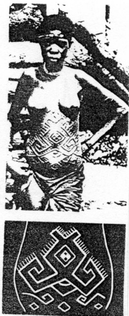 Графики 3 а +  3 б : Интересна съпоставка на Васил Николов между  знаци върху плочка от Градешница (по-древната) и Сексуална татуировка върху корема на бременна жена от племето майумбе в Конго, които носят  семантиката Помни; Памет.