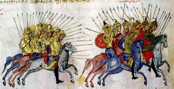 Преследване на арабска конница. Миниатюра от Хроника на Йоан Скилица (ХI в.)