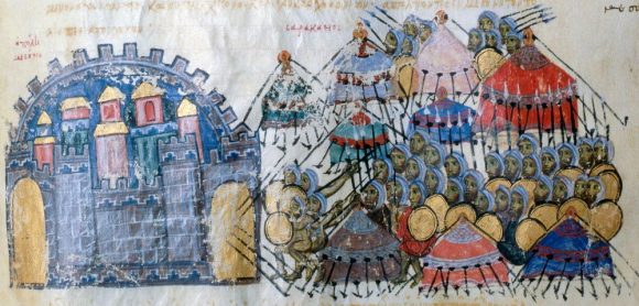  Войска на Aрабския халифат на лагер пред византийска крепост. Хроника на Йоан Скилица (ХI в.) 