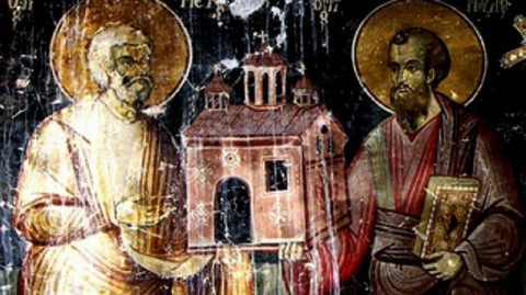 Св. Петър и св. Павел - фрагмент от стенопис в манастира в Арденица, 1744 г.