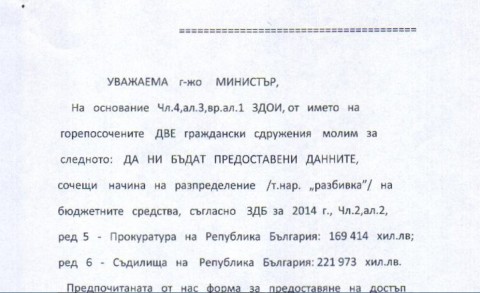Факсимиле от първата страница на искането на гражданските организации до Министерство на правосъдието