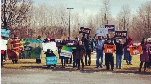 Fracking opponents in DeWitt gathered for Gov. Andrew Cuomo's visit on March 25. New York's Court of Appeals upheld the right of towns to ban fracking and other natural gas drilling. (Photo courtesy of Emily Bishop)