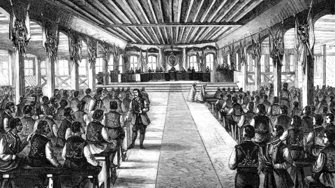 Откриване на Учредителното събрание във Велико Търново, 1879 г. - гравюра. Снимка: Nauka.bg