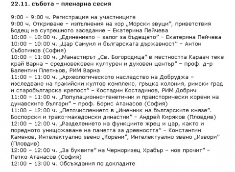 Факсимиле от програмата за първия ден на конференцията, 21 ноември. Докладът на Константин Каменов може да се види в тази програма, той е записан предпоследен, от 12.00 до 12.00 часа.