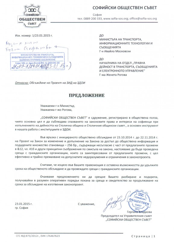 Факсимиле от изпратеното на министър Московски предложение. Източник: Sofia-sos.org
