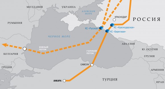 Карта на далекопроводите за руски газ - с пунктир е обозначен спрения проект "Южен поток", с цяла линия - "Син поток". Илюстрация: gazprom.ru
