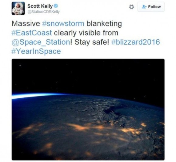 Американския астронавт Скот Кели качи в Туитър снимка на снежната буря от Международната космическа станция
