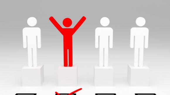 red happy man hand up after selection